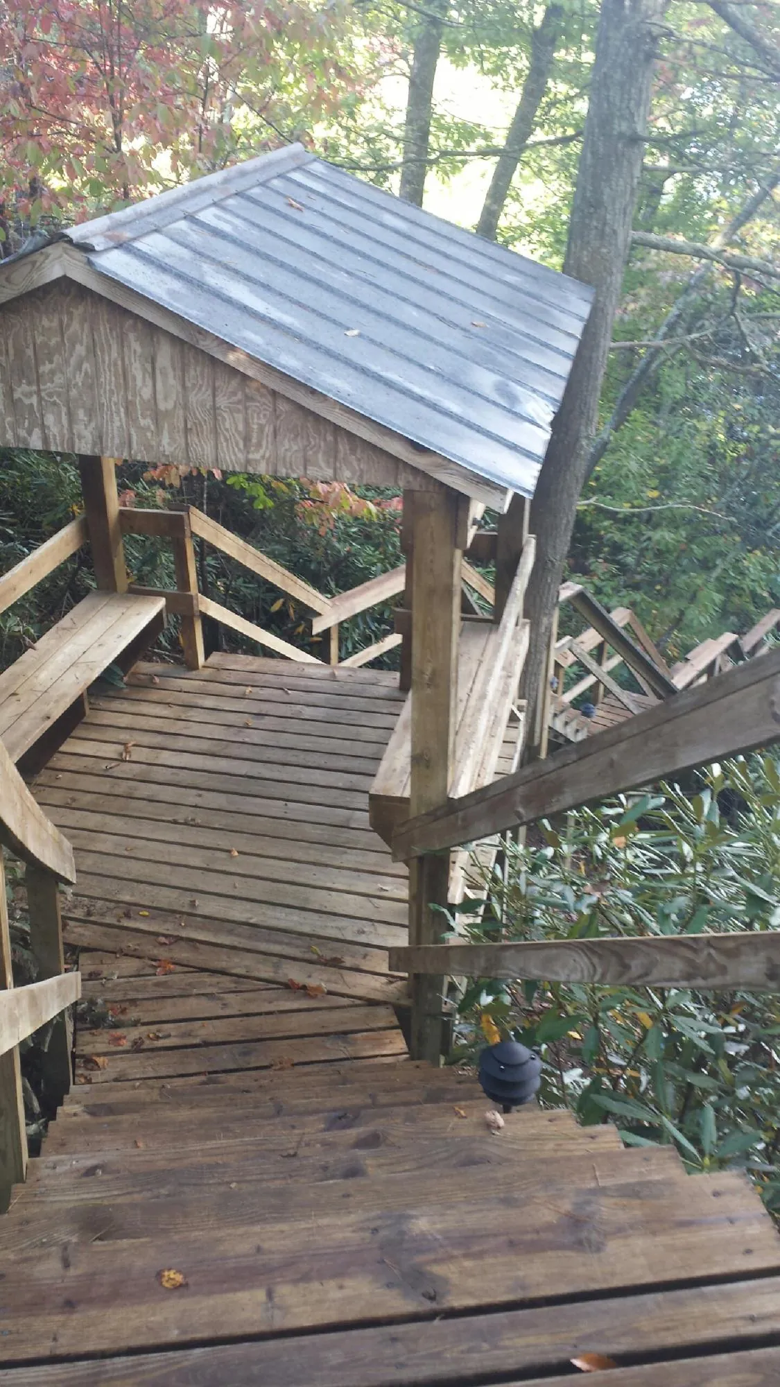 Metal roofed shelter over wooden steps on a wooded walkway — Skylight Repair & Installation work by our crew in Jud